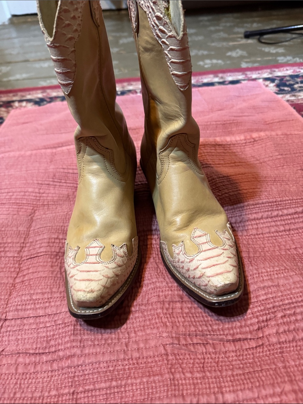 Durango Tan Western Heeled Boots with Pink Trim